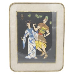 Ancient Japanese Painting Framed in Brass 'Traditional Dance'