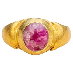 Ancient Javanese Gold Ring with Ruby Cabochon Java Indonesian Antique Solitaire