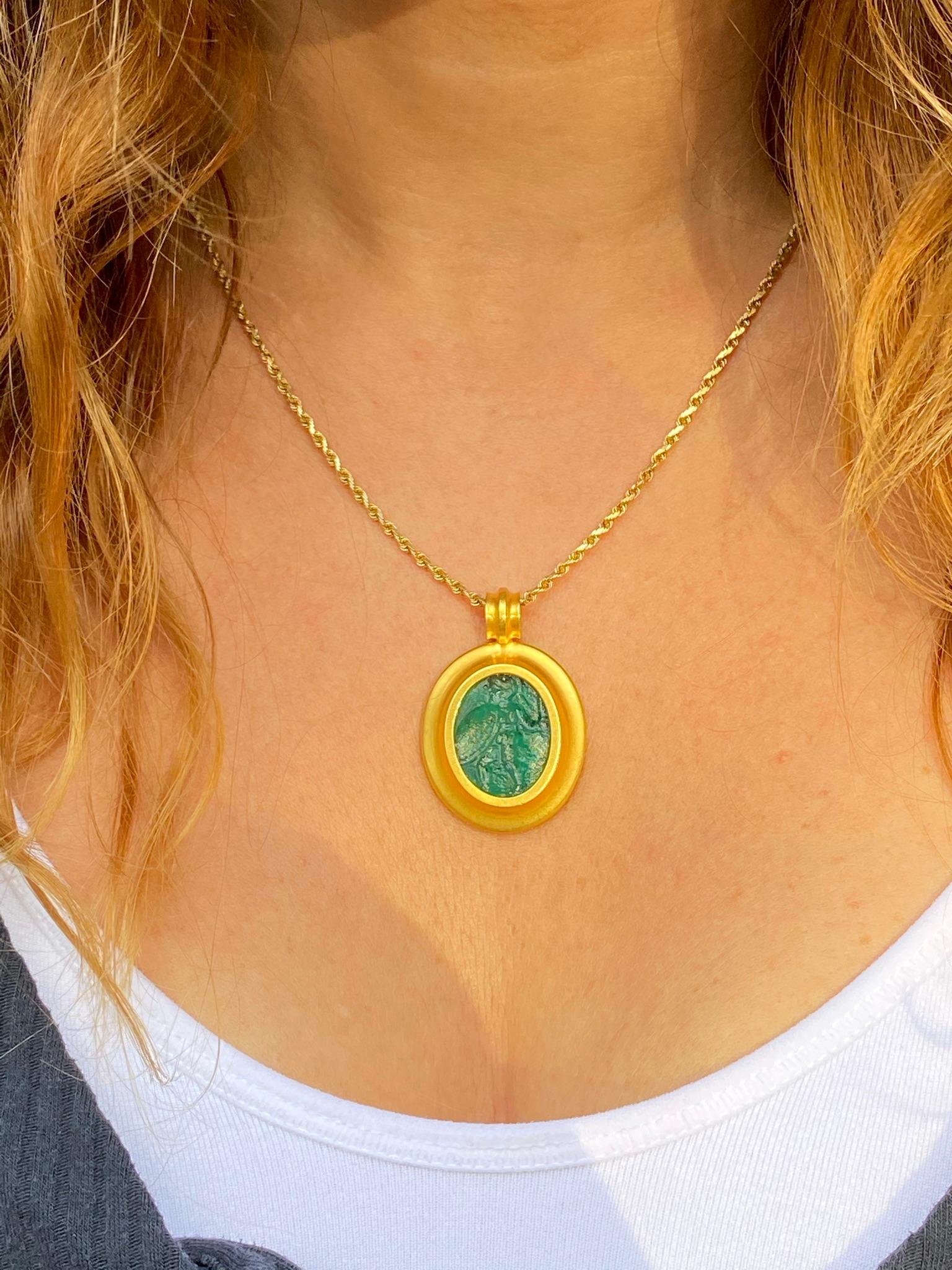 Women's or Men's 22K Ancient Jewelry Ancient Egyptian Era Blue Glass Carving and 14K Gold Pendant