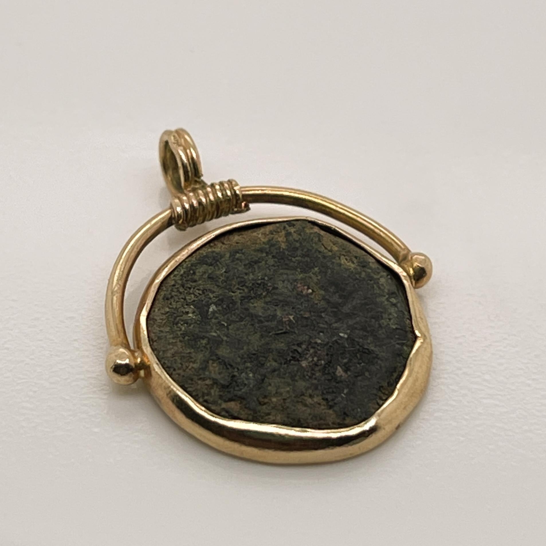Ancient Jewish Roman Wars Bronze Coin Mounted in a 14 Karat Gold Pendant, VR 12