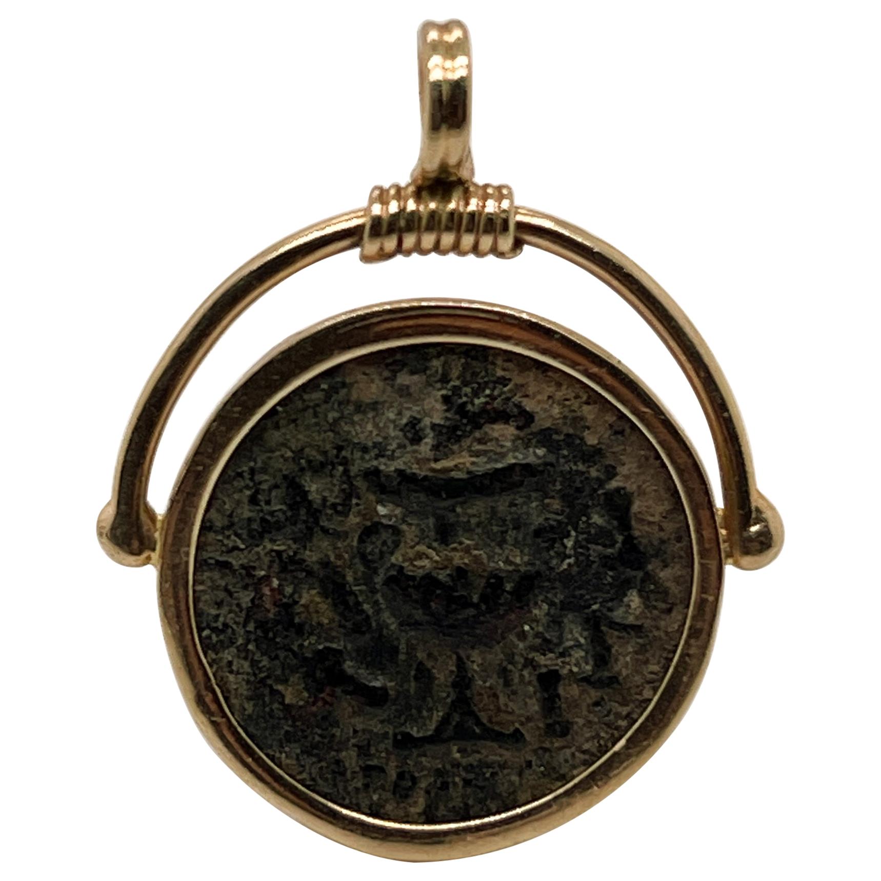 Ancient Jewish Roman Wars Bronze Coin Mounted in a 14 Karat Gold Pendant, VR