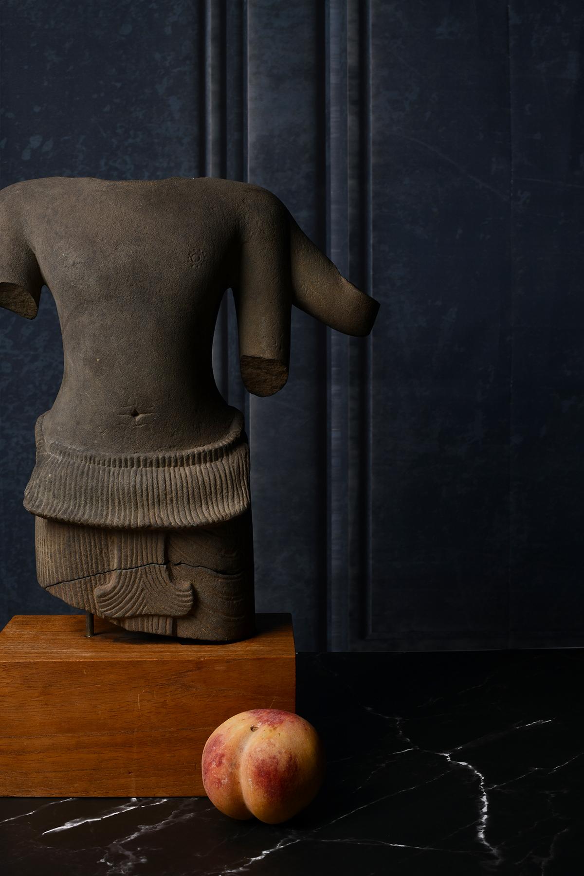 Ancient Khmer Sandstone Torso of a Four Armed Deity For Sale 4