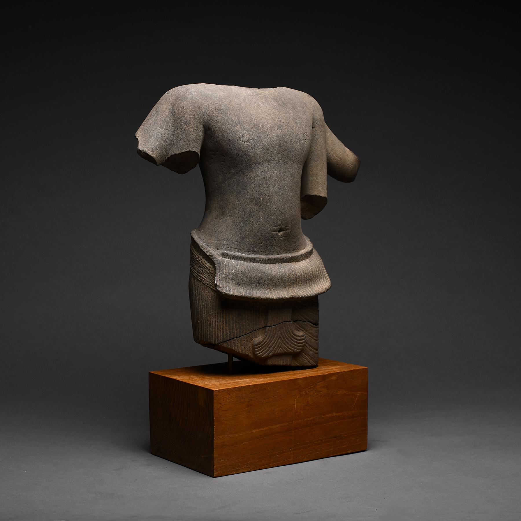 Cambodian Ancient Khmer Sandstone Torso of a Four Armed Deity For Sale