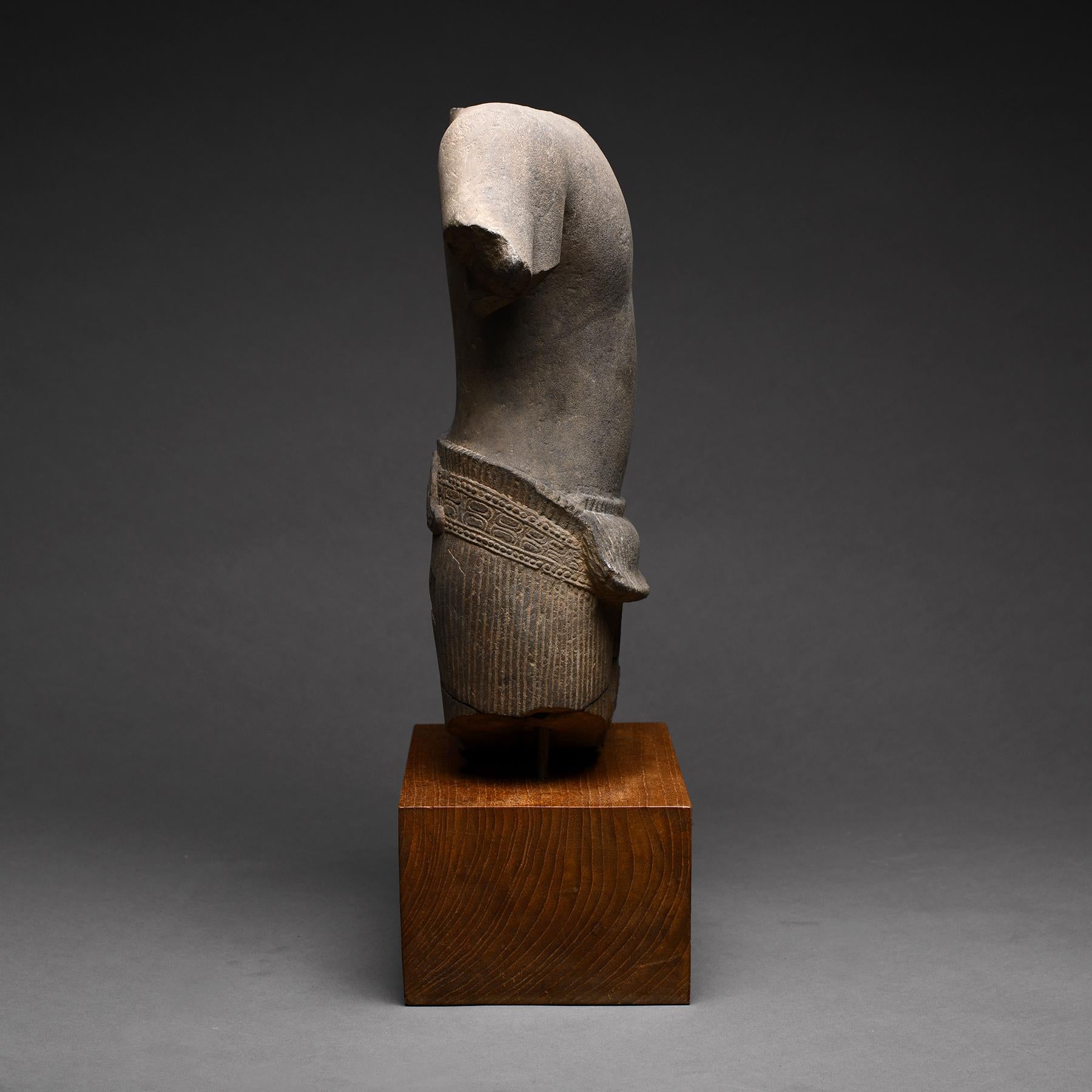 Carved Ancient Khmer Sandstone Torso of a Four Armed Deity For Sale