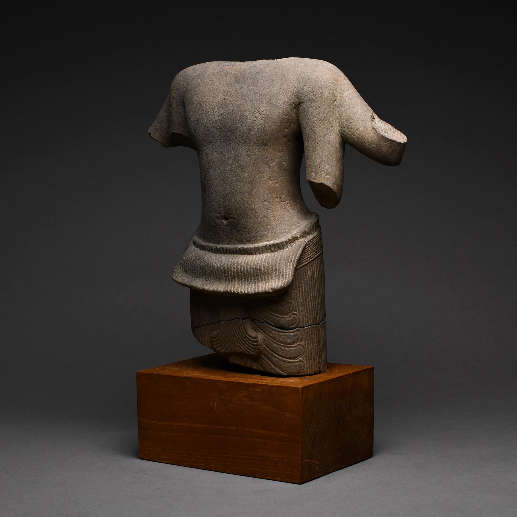 18th Century and Earlier Ancient Khmer Sandstone Torso of a Four Armed Deity For Sale