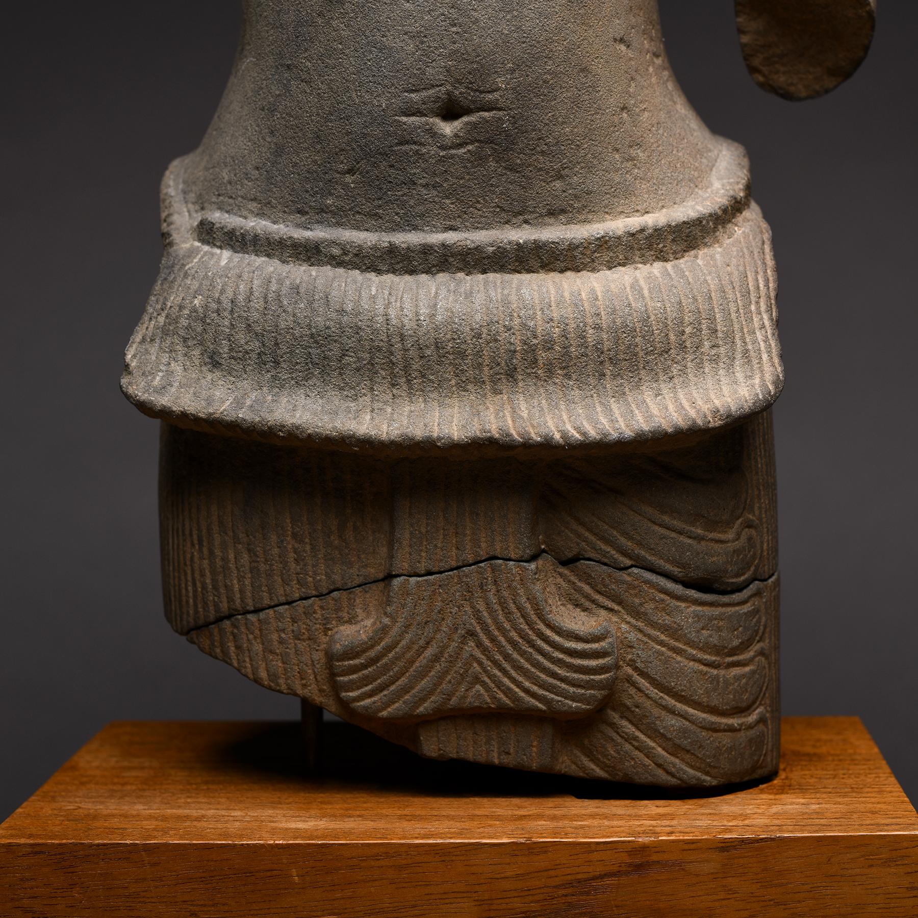 Ancient Khmer Sandstone Torso of a Four Armed Deity For Sale 1
