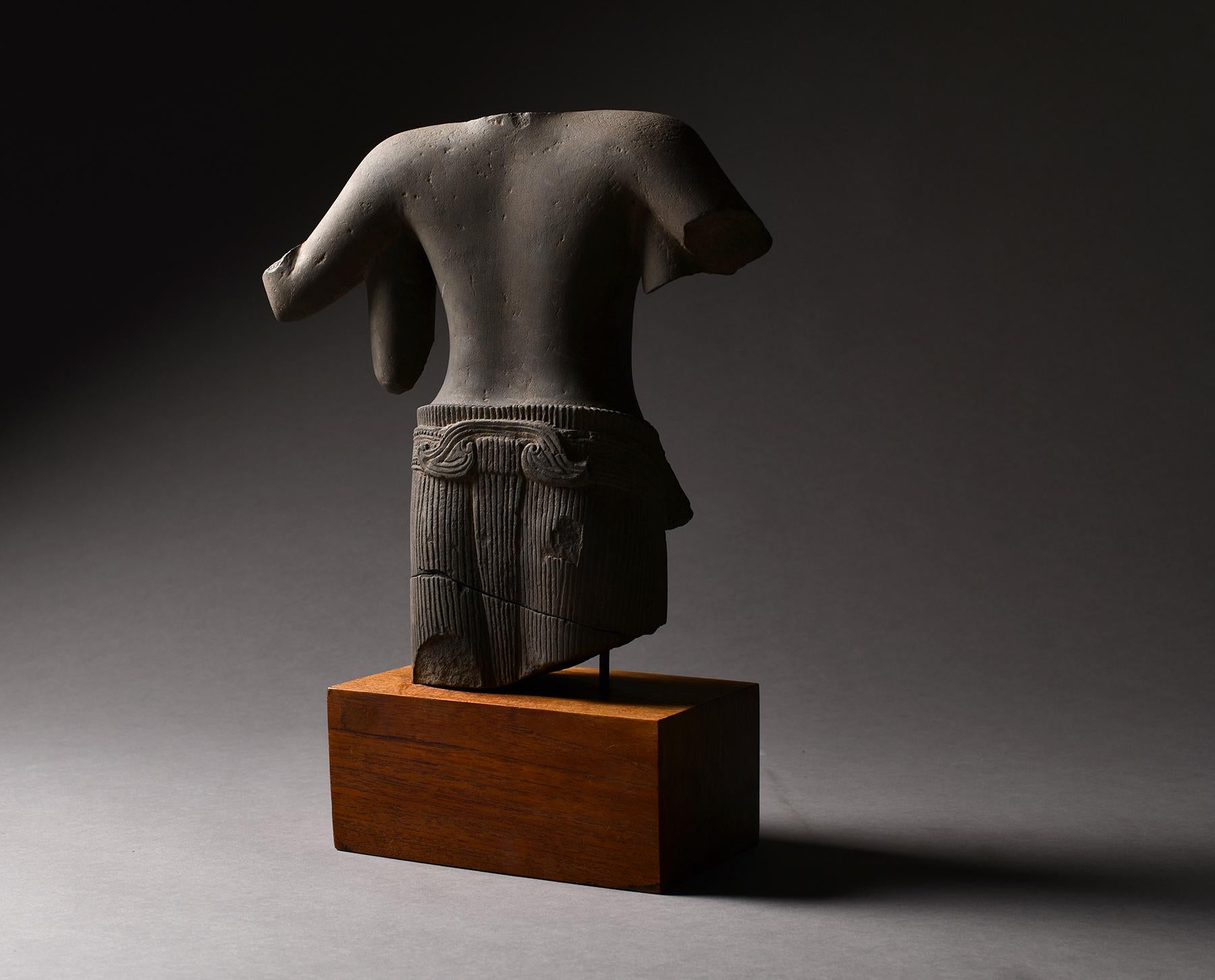 Ancient Khmer Sandstone Torso of a Four Armed Deity For Sale 3