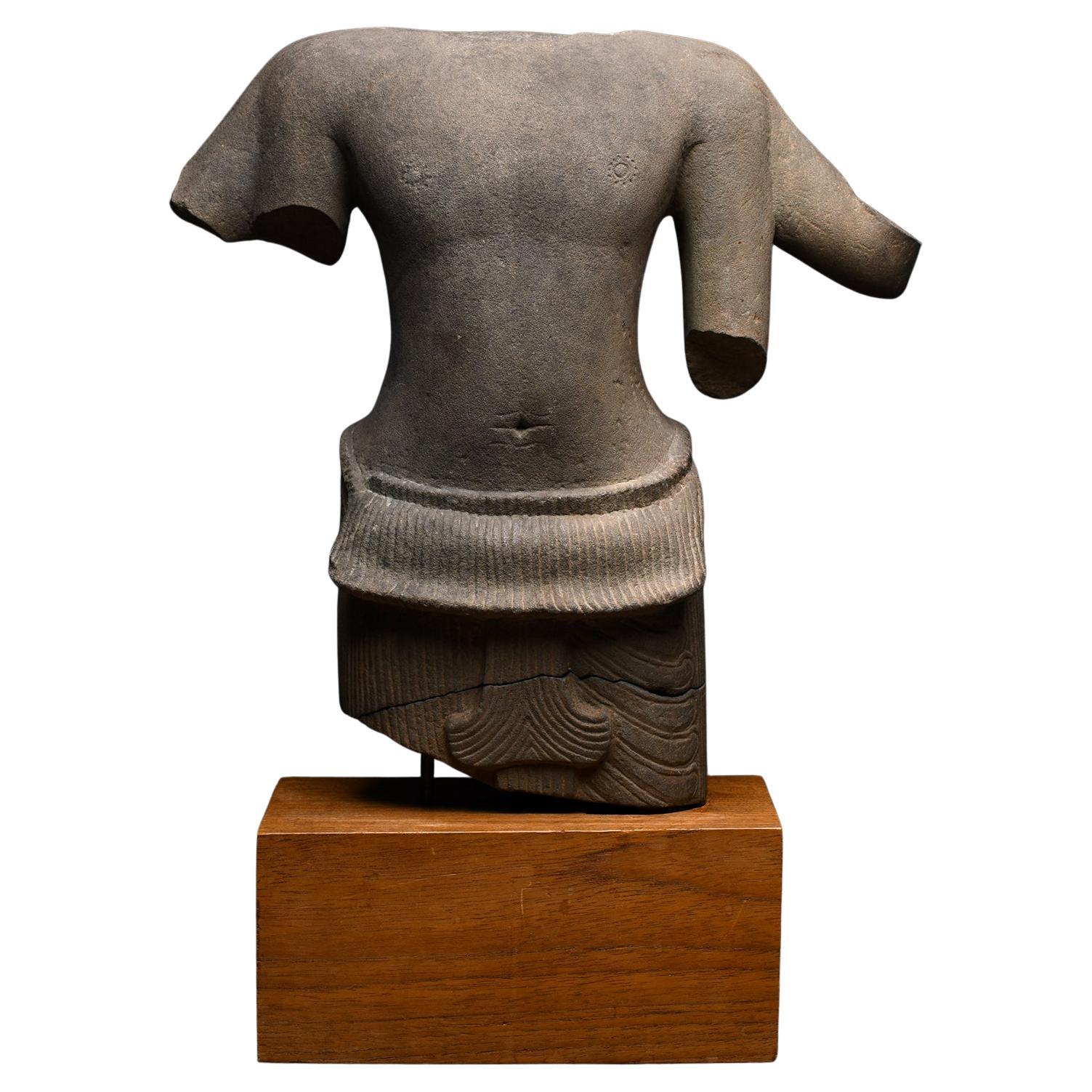 Ancient Khmer Sandstone Torso of a Four Armed Deity For Sale