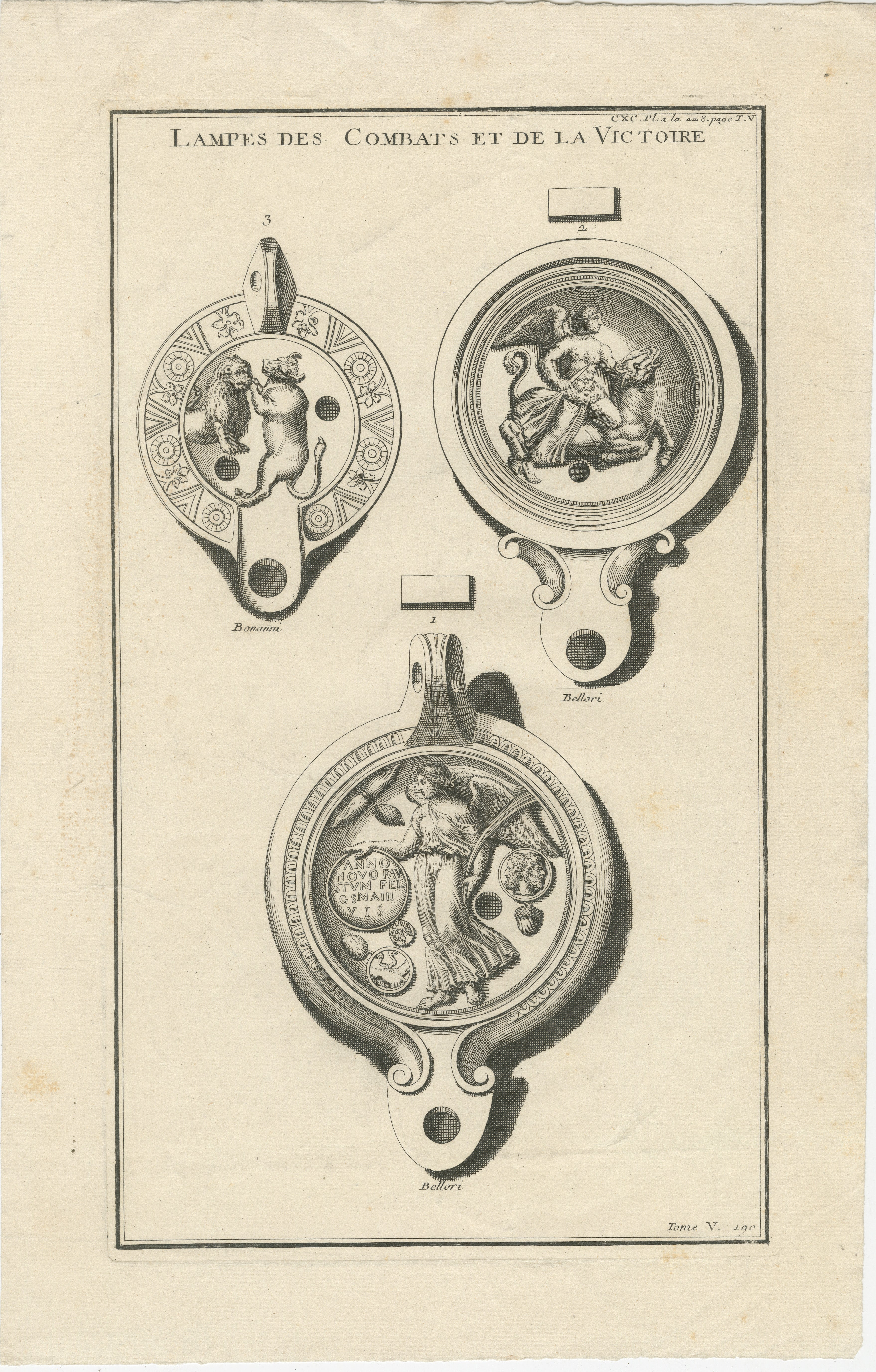 This 1722 engraving portrays an ancient lamp, intricately designed with the scene of tauroctony, which is a depiction of Mithras slaying a bull, a central motif in the mystery religion known as Mithraism. The image is taken from Bernard de