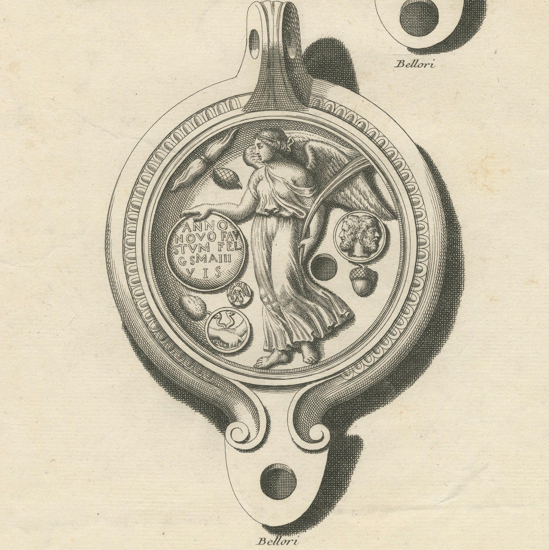 Ancient Lamp Drawing of a Bull and Lion; Tauroctony Engravings Published in 1722 In Good Condition For Sale In Langweer, NL