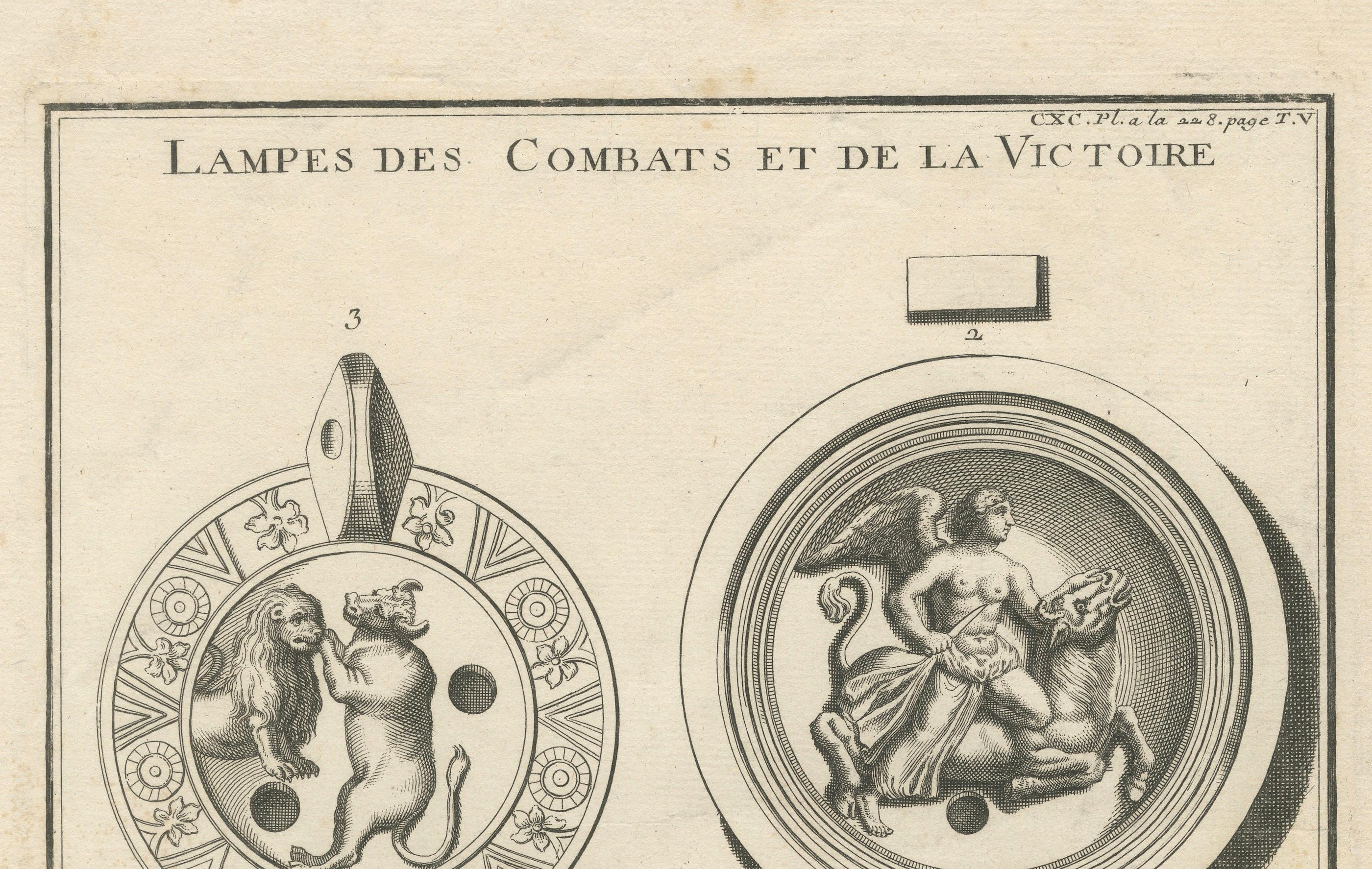Early 18th Century Ancient Lamp Drawing of a Bull and Lion; Tauroctony Engravings Published in 1722 For Sale