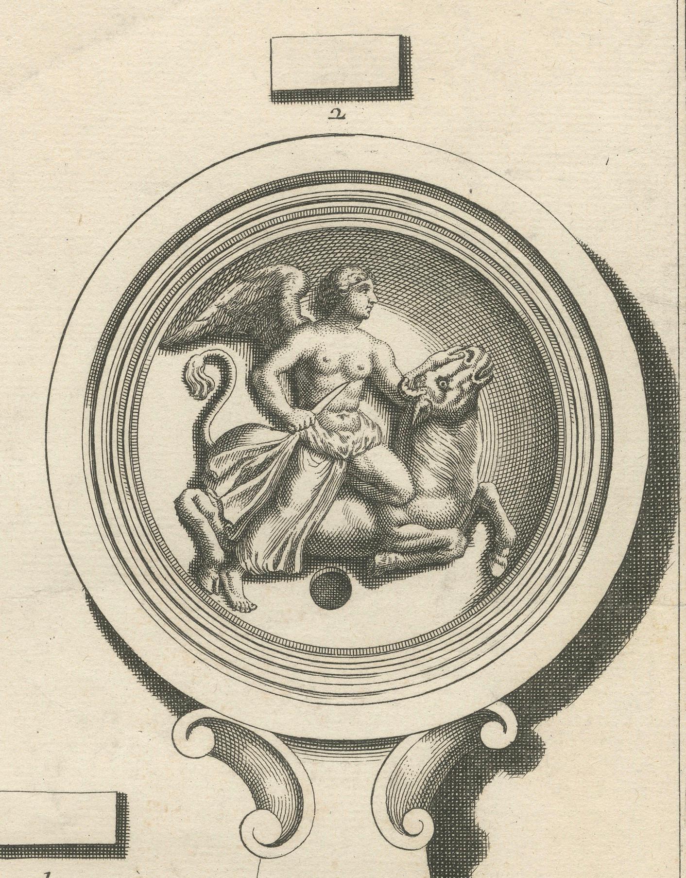 Paper Ancient Lamp Drawing of a Bull and Lion; Tauroctony Engravings Published in 1722 For Sale