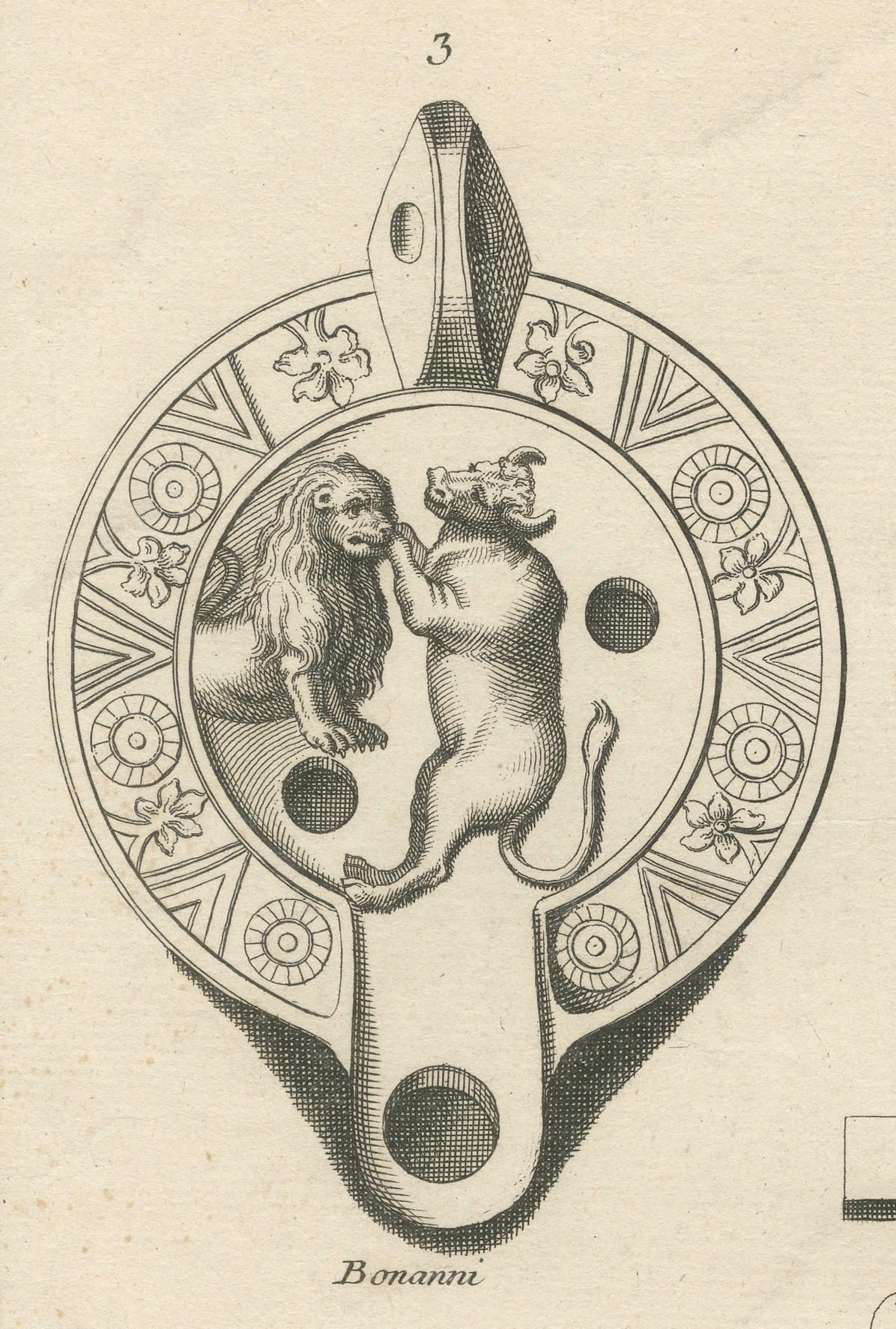Ancient Lamp Drawing of a Bull and Lion; Tauroctony Engravings Published in 1722 For Sale 1