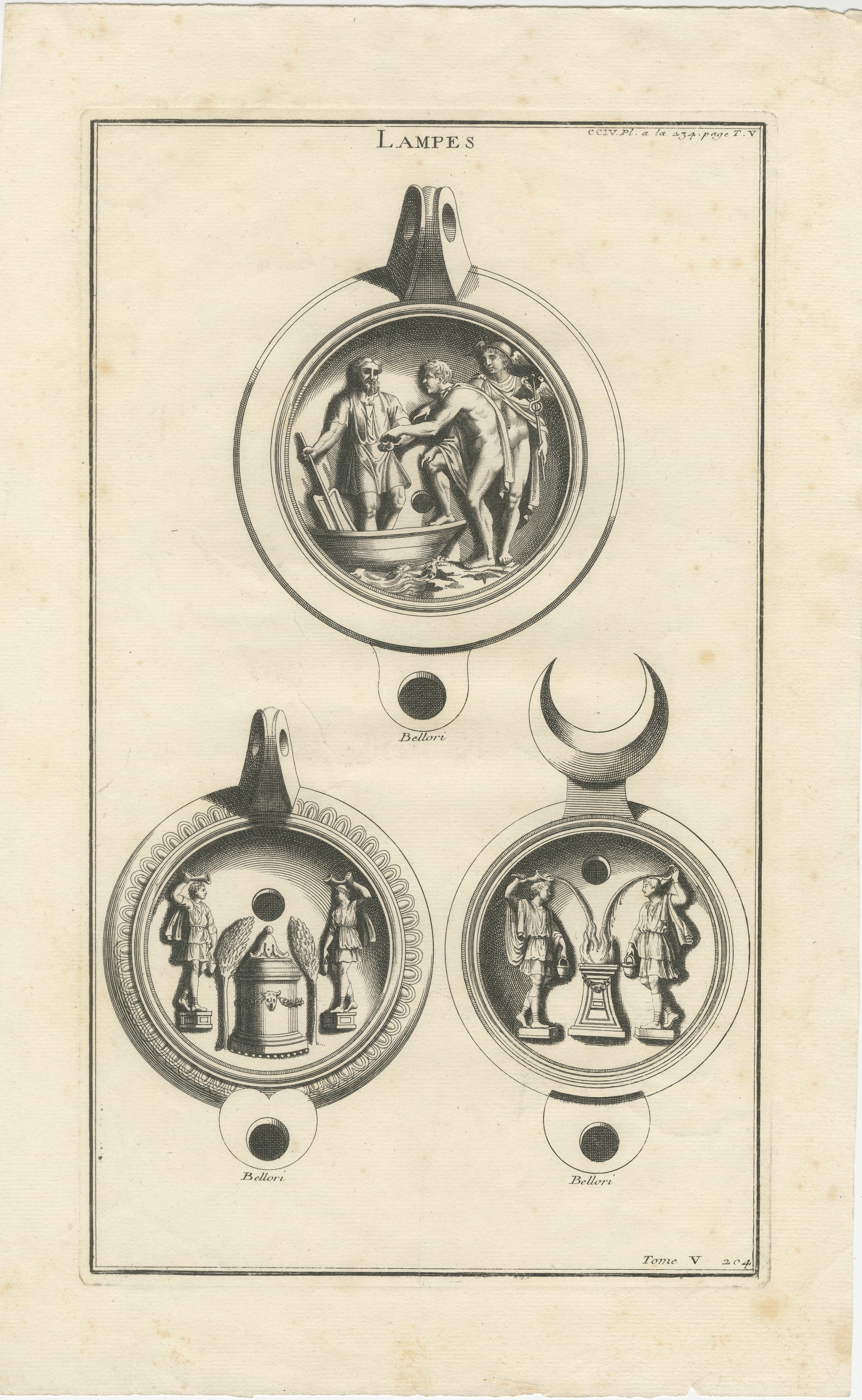 Engraved Ancient Lamps in Art: Montfaucon's 18th-Century Engravings, circa 1722 For Sale