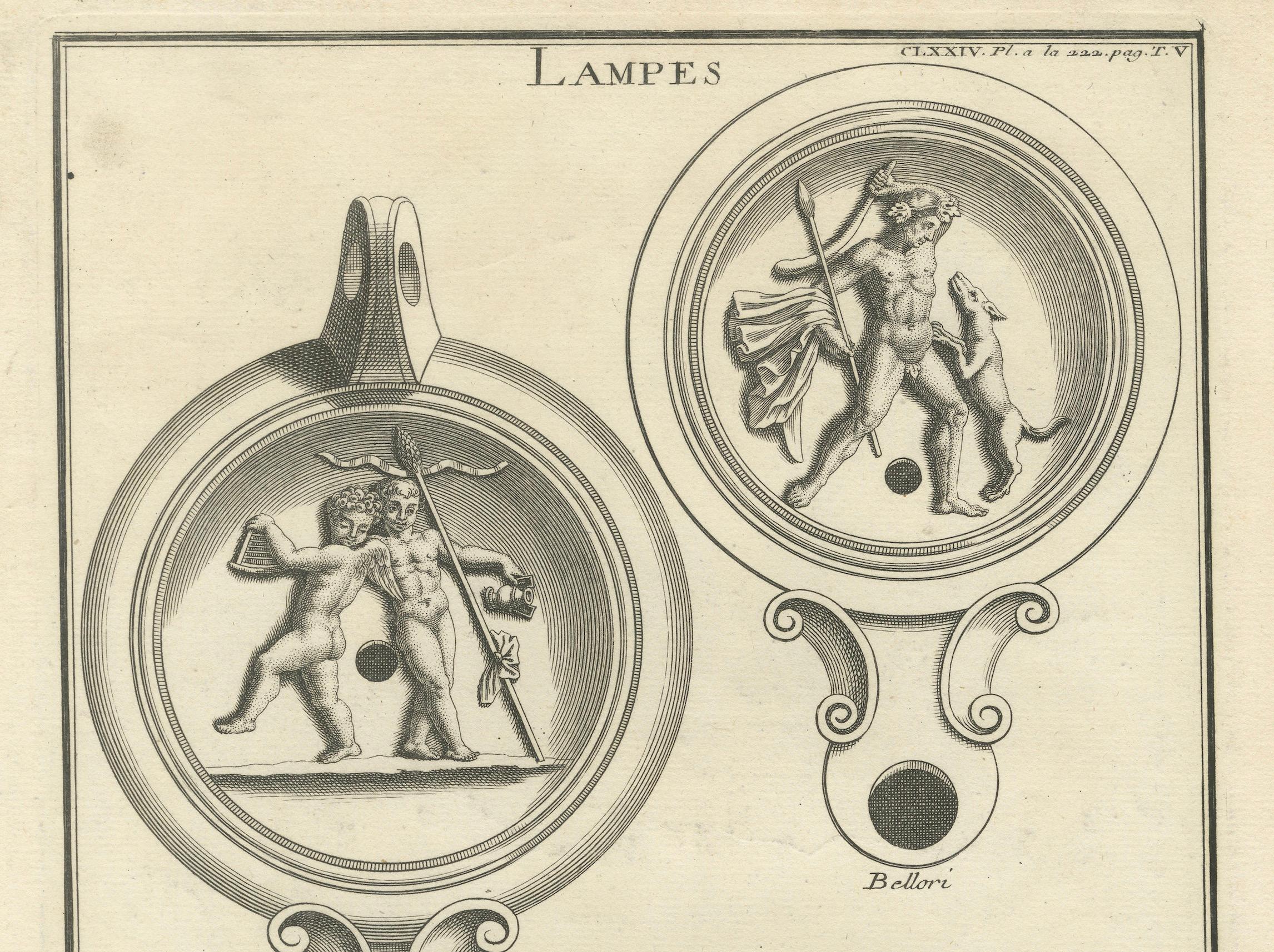 Ancient Lamps in Art: Montfaucon's 18th-Century Engravings, circa 1722 For Sale 1