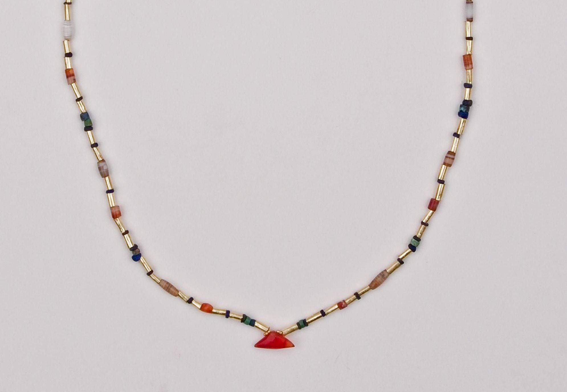 Artist Ancient Lapis, Agate, Carnelian, and Turquoise Beads with 22k Gold and Pendant For Sale