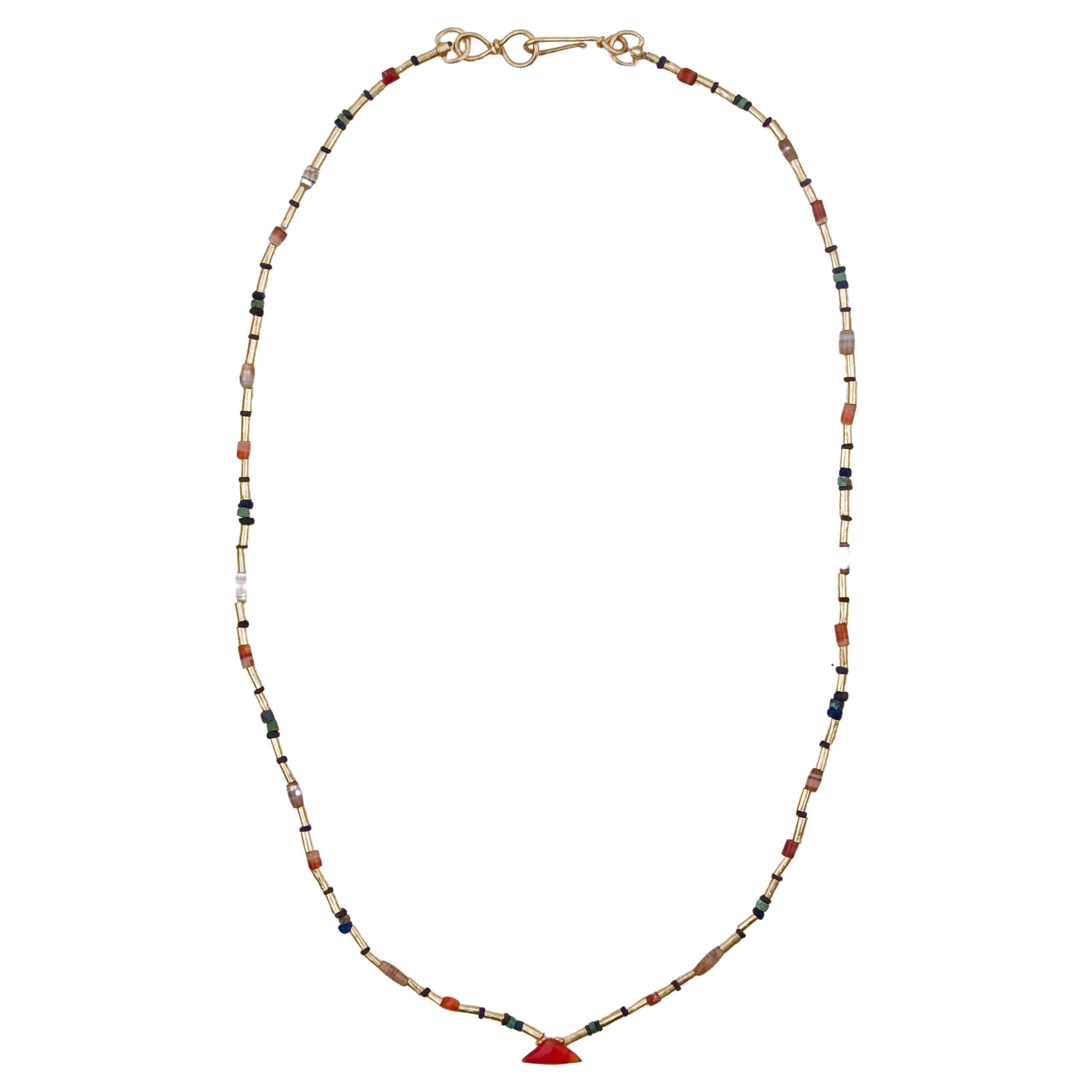 Ancient Lapis, Agate, Carnelian, and Turquoise Beads with 22k Gold and Pendant