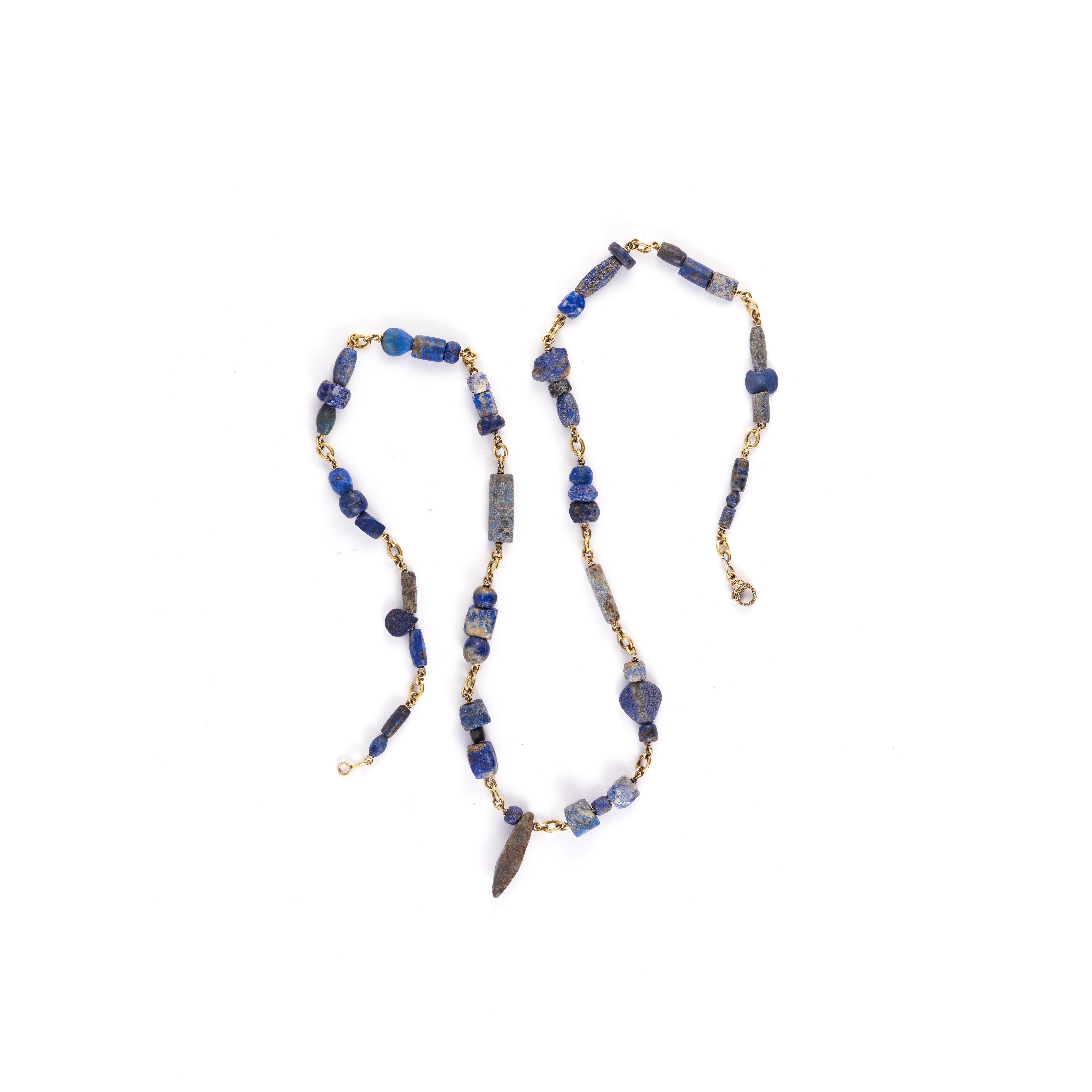 Ancient Lapis Bead Necklace with Handmade 18k Yellow Gold Chain In New Condition For Sale In Los Angeles, CA