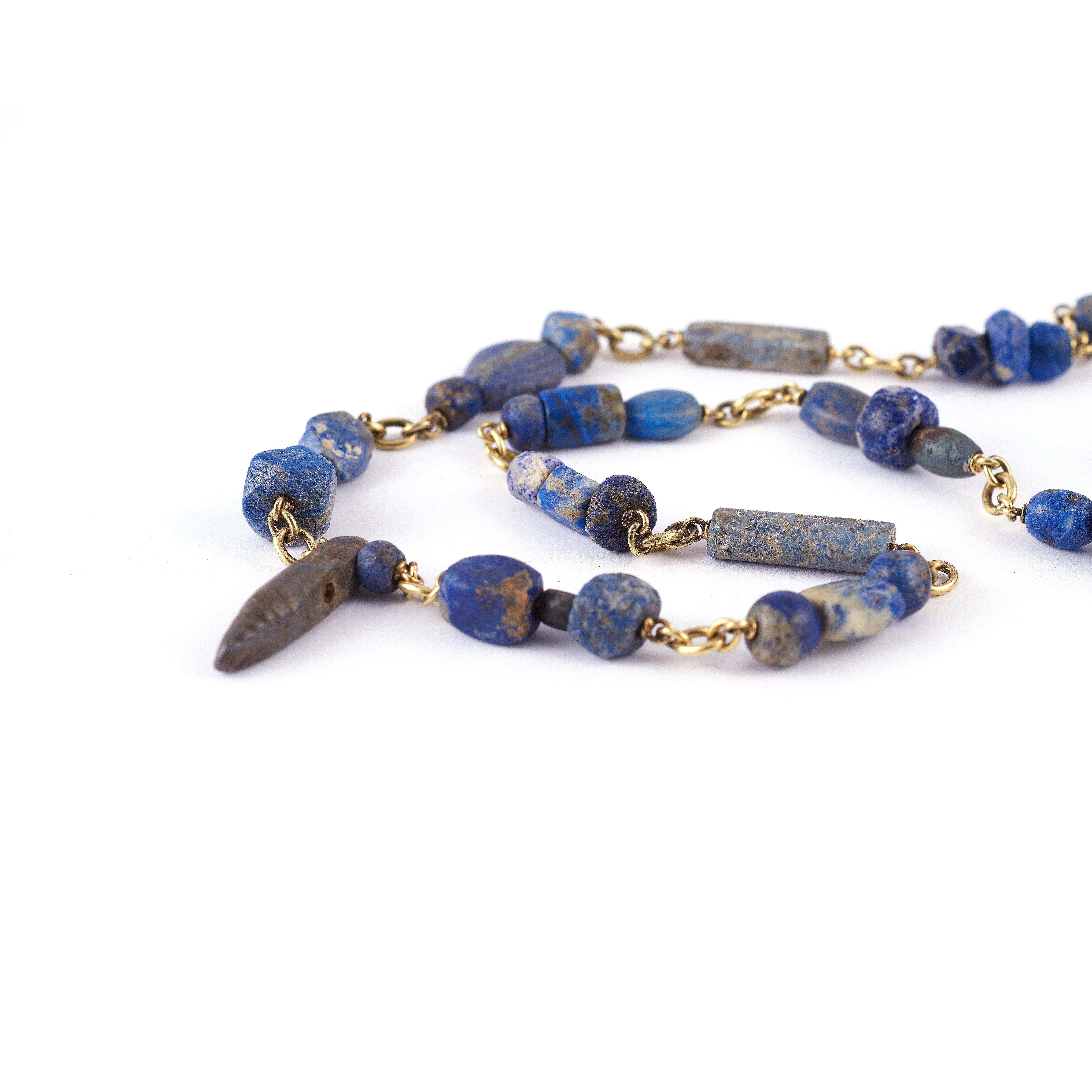 Women's or Men's Ancient Lapis Bead Necklace with Handmade 18k Yellow Gold Chain For Sale