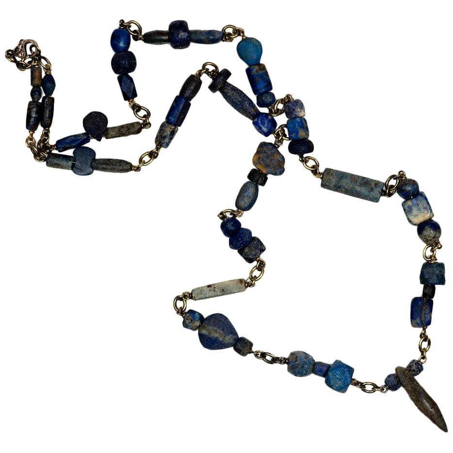 Ancient Lapis Bead Necklace with Handmade 18k Yellow Gold Chain For Sale