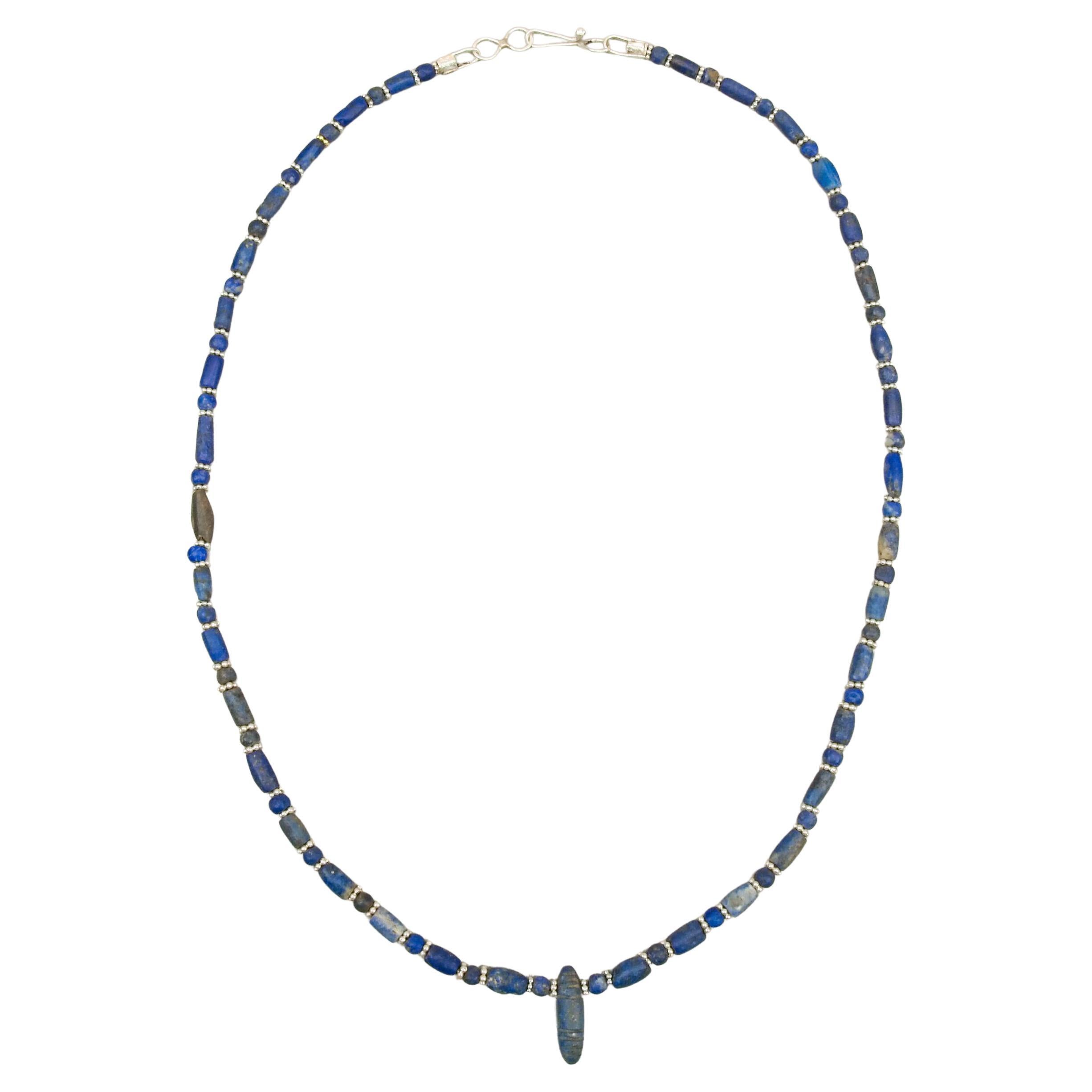 Ancient Lapis Lazuli Beads, Caterpillar Pendant with Granulated Silver Spacers For Sale