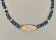 Antike Lapislazuli-Perlen, weißer Milchquarz-Kristall Barrel-Perlen, feines Silber