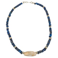Antique Ancient Lapis Lazuli Beads, White Milky Quartz Crystal Barrel Bead, Fine Silver