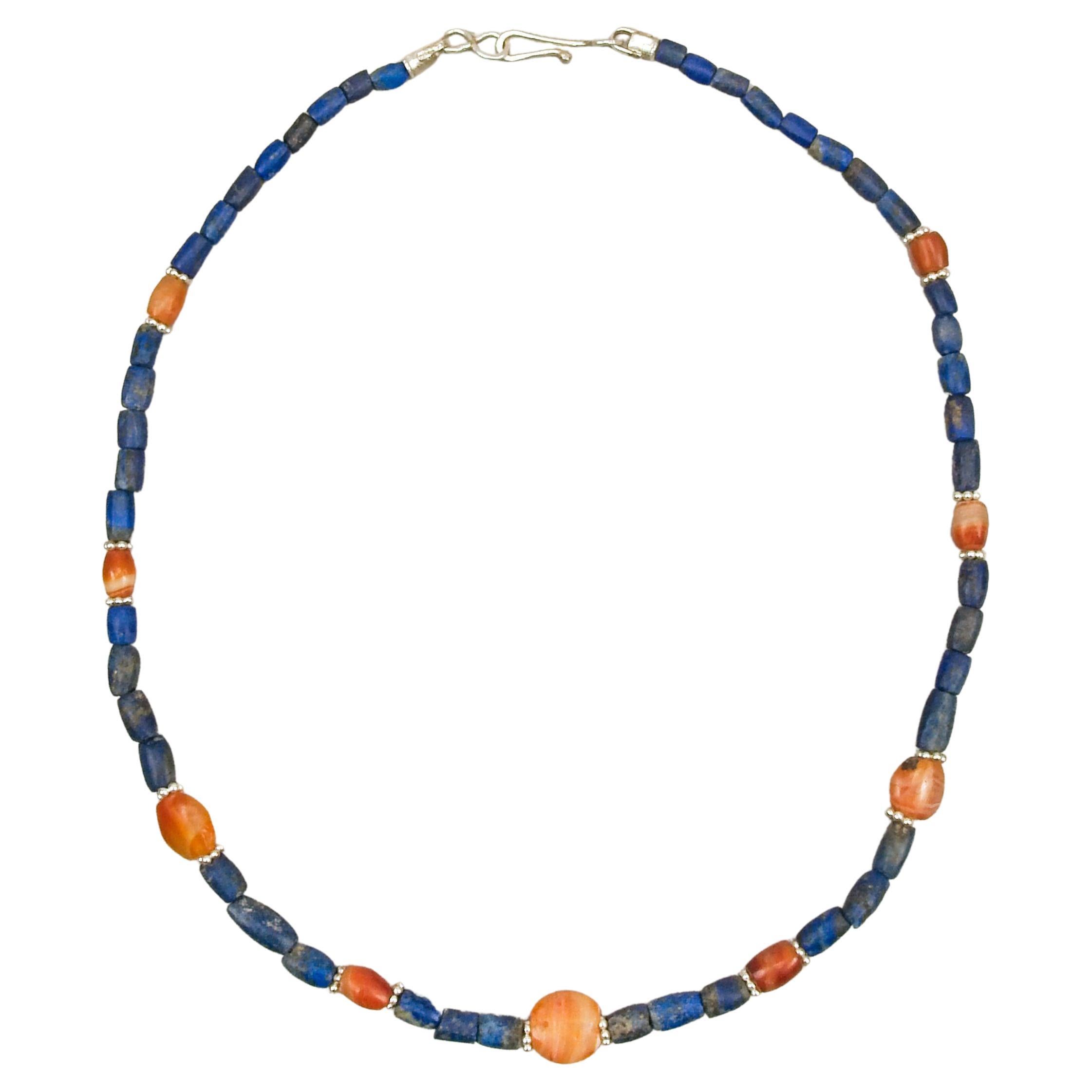 Ancient Lapis Lazuli Beads with Carnelian and Granulated Silver Ring Beads For Sale