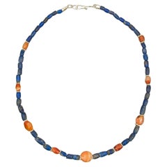 Ancient Lapis Lazuli Beads with Carnelian and Granulated Silver Ring Beads
