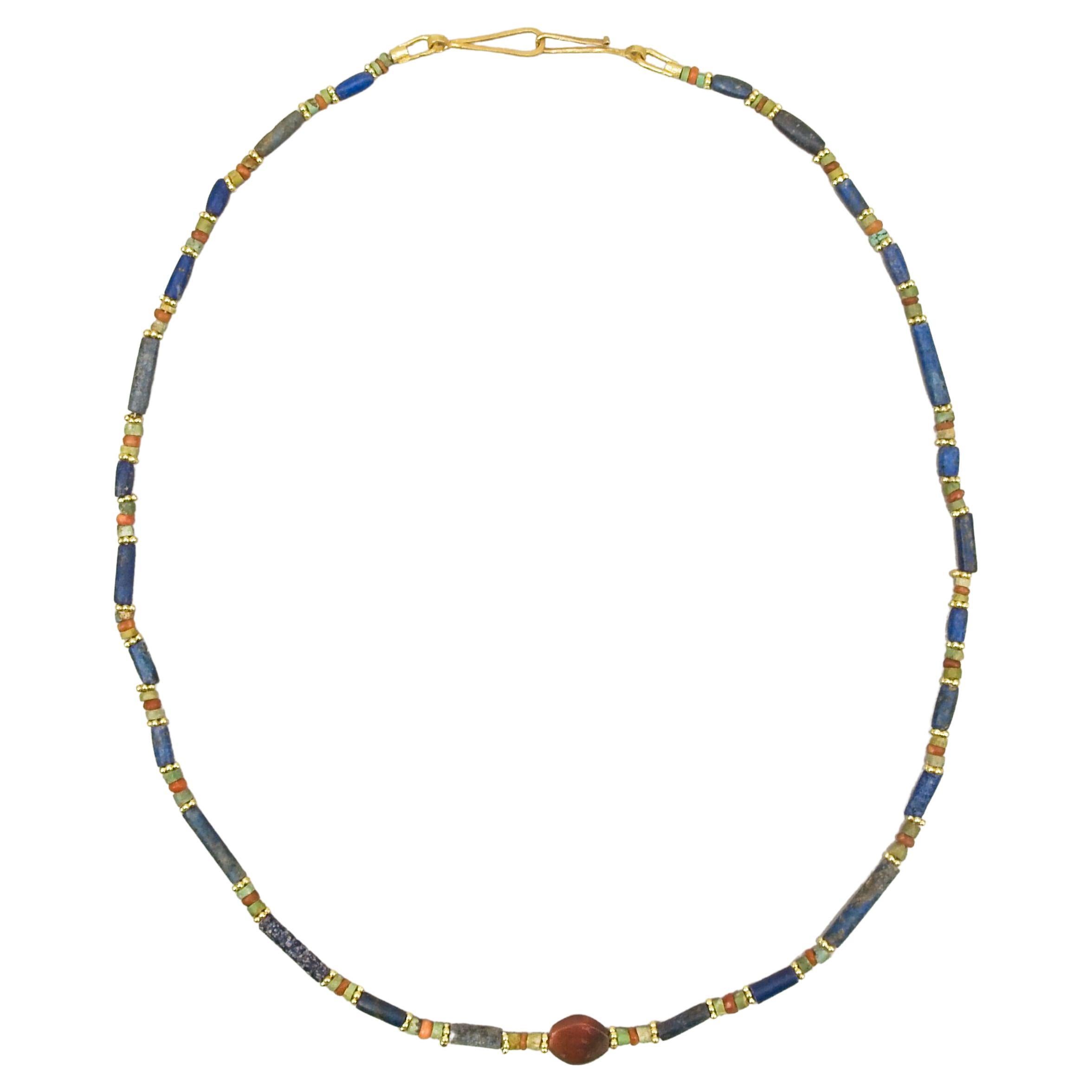 Ancient Lapis Lazuli, Carnelian, and Turquoise Disc Beads, 20k Gold Ring Beads For Sale