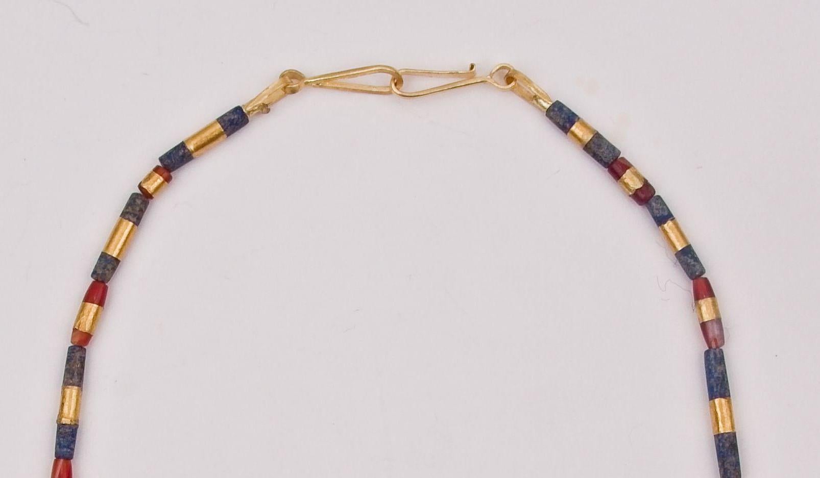 Ancient Lapis Lazuli, Carnelian Beads with Custom 22k Gold Banding In Good Condition For Sale In Bloomington, IN