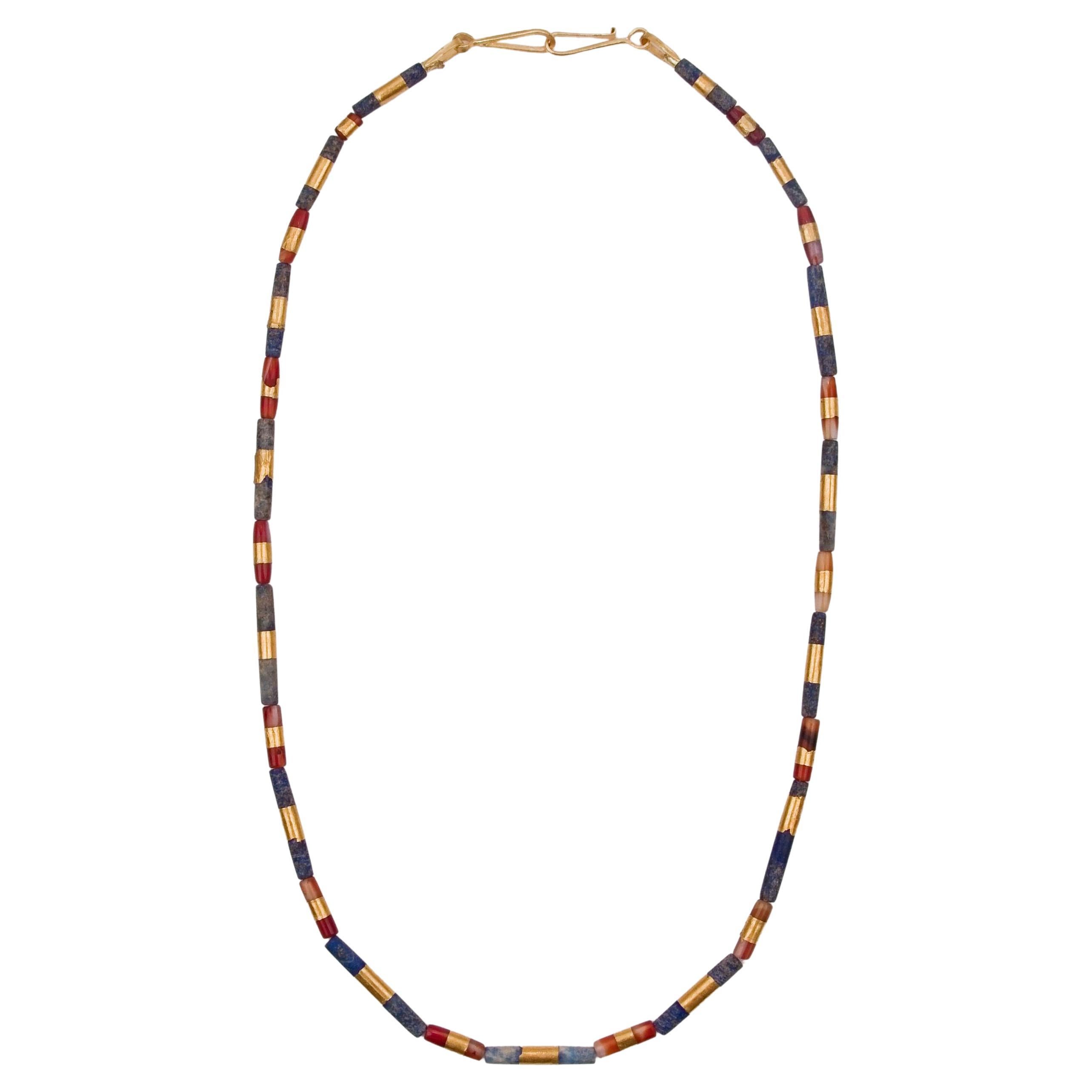 Ancient Lapis Lazuli, Carnelian Beads with Custom 22k Gold Banding For Sale
