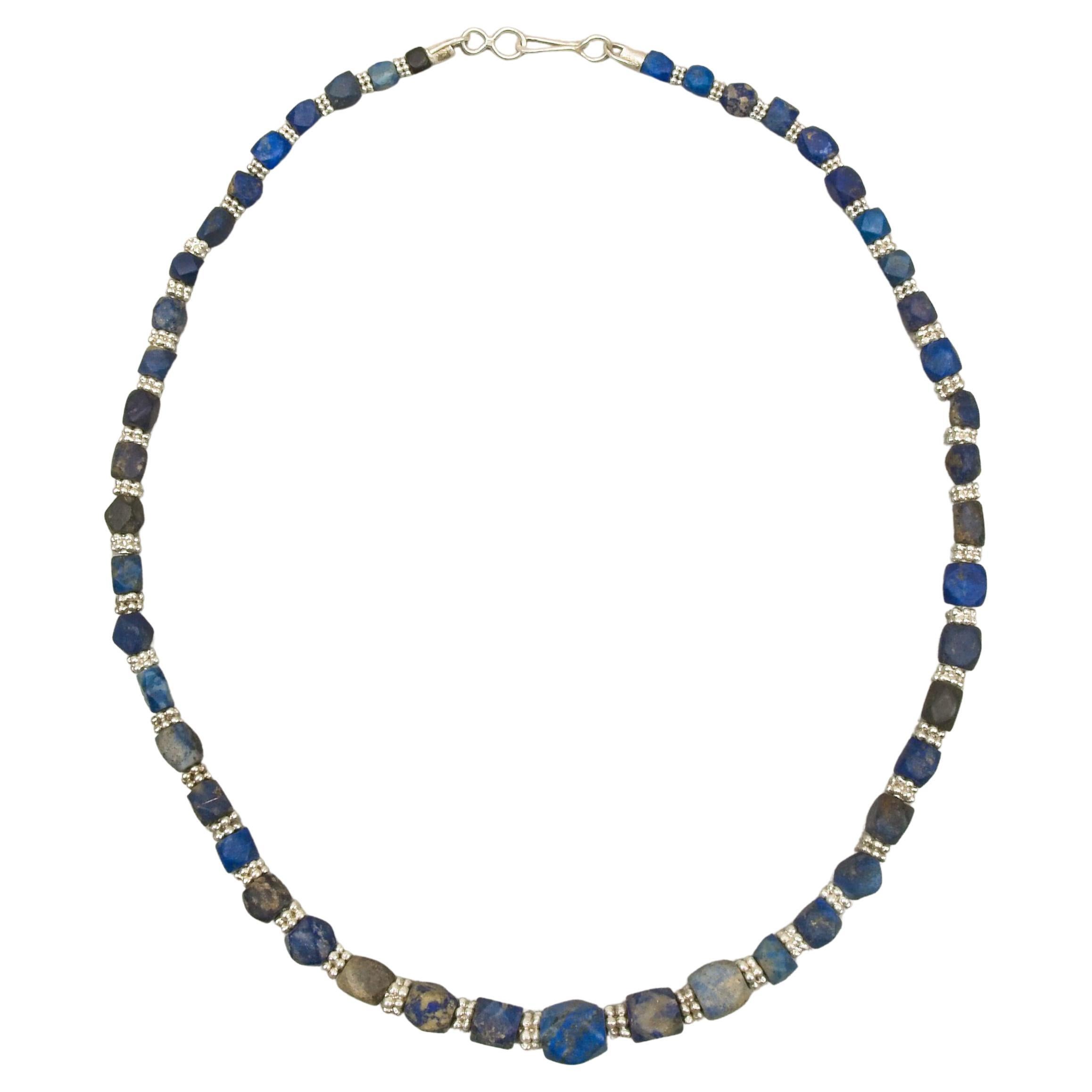 Ancient Lapis Lazuli Cornerless Cube Beads, Granulated Silver Spacer Beads For Sale