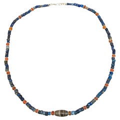 Ancient Lapis Lazuli Cylinder Beads, Carnelian, and Bronze Age Agate Centerbead