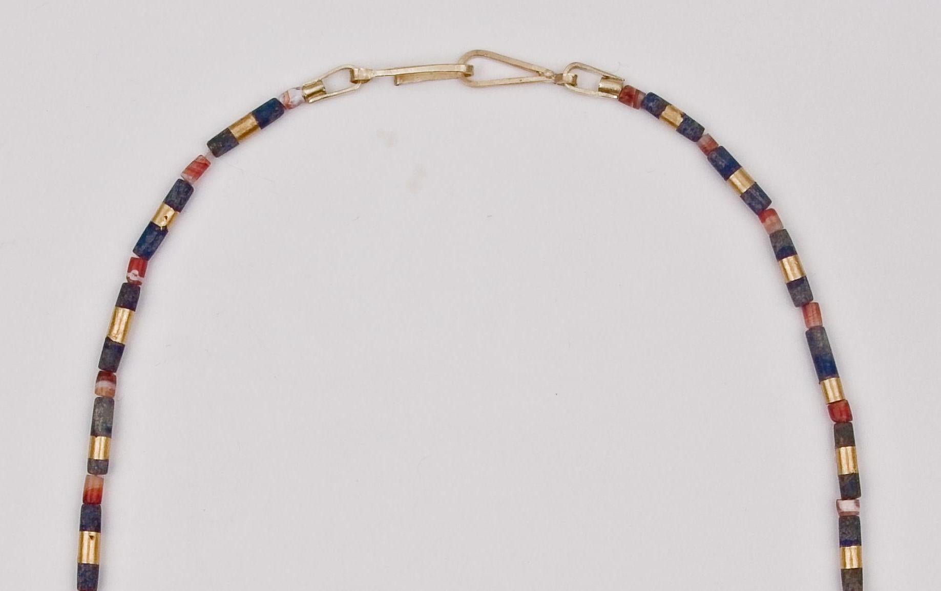 Artist Ancient Lapis Lazuli Cylinder Beads with Custom 22k Gold Bands and Carnelian For Sale