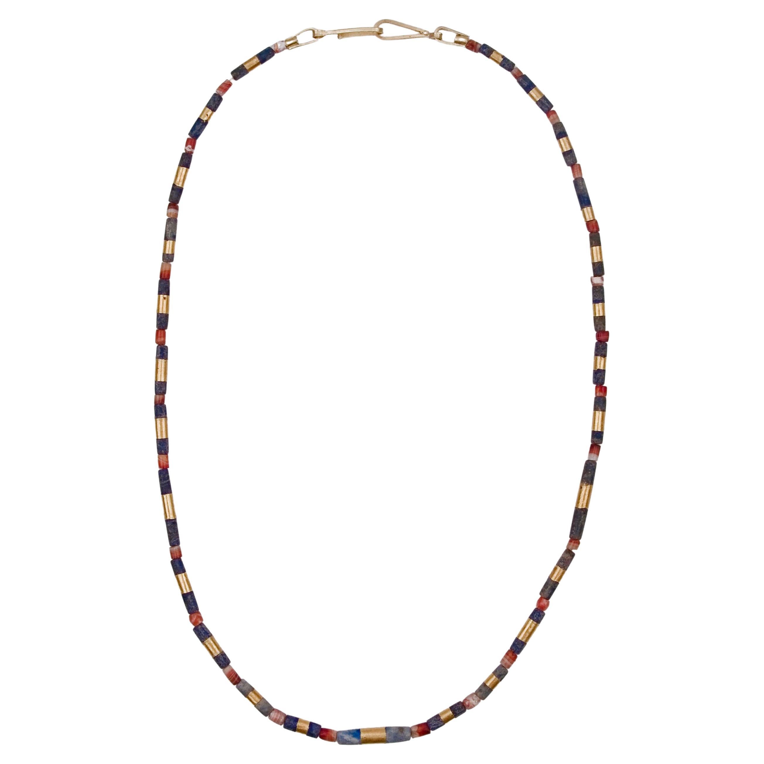 Ancient Lapis Lazuli Cylinder Beads with Custom 22k Gold Bands and Carnelian For Sale