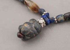 Ancient Lapis Lazuli Pendant Necklace with Agate Barrel Beads and Fine Silver