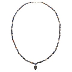 Ancient Lapis Lazuli Pendant Necklace with Agate Barrel Beads and Fine Silver