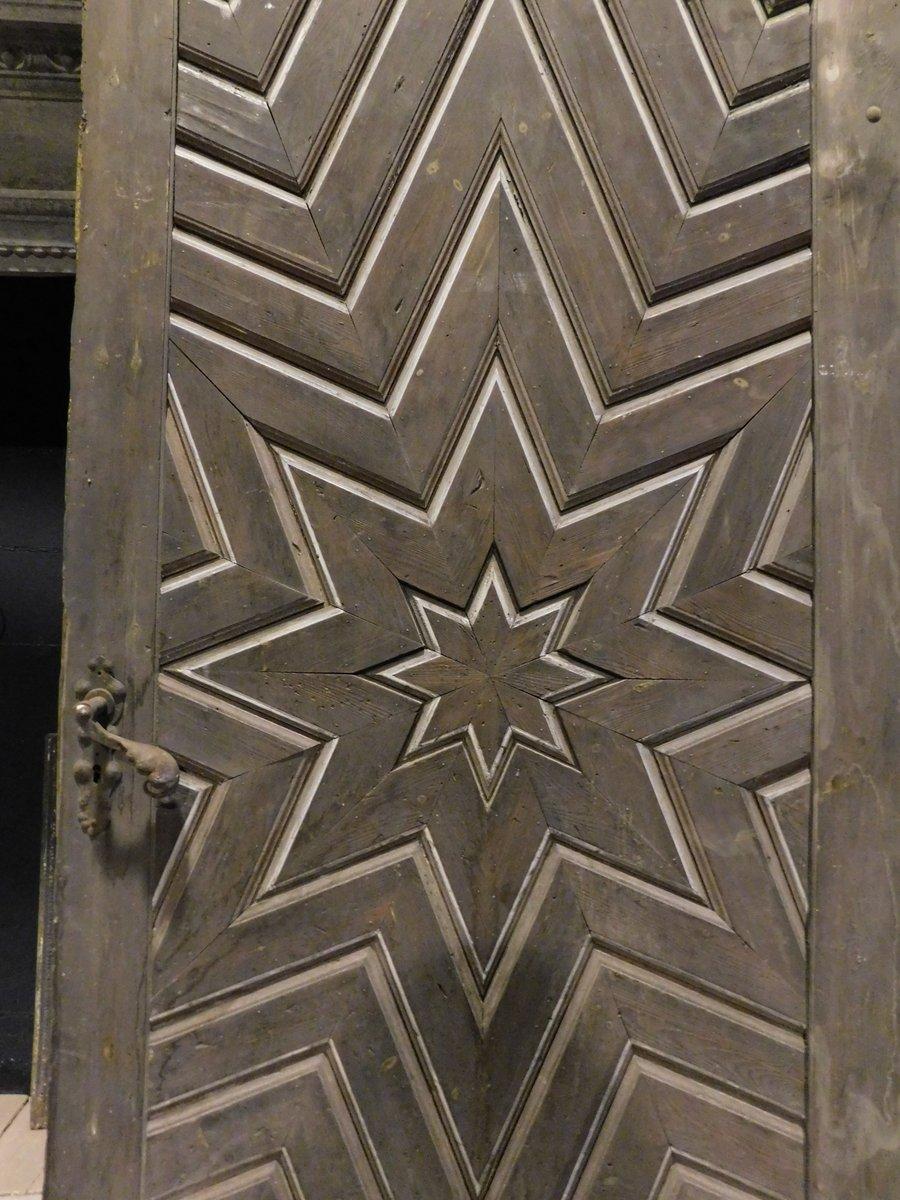 Hand-Carved Ancient Larch Door Carved with a Star, 19th Century, Italy For Sale