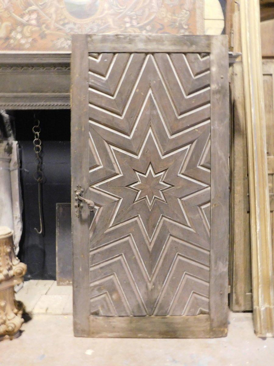 Wood Ancient Larch Door Carved with a Star, 19th Century, Italy For Sale
