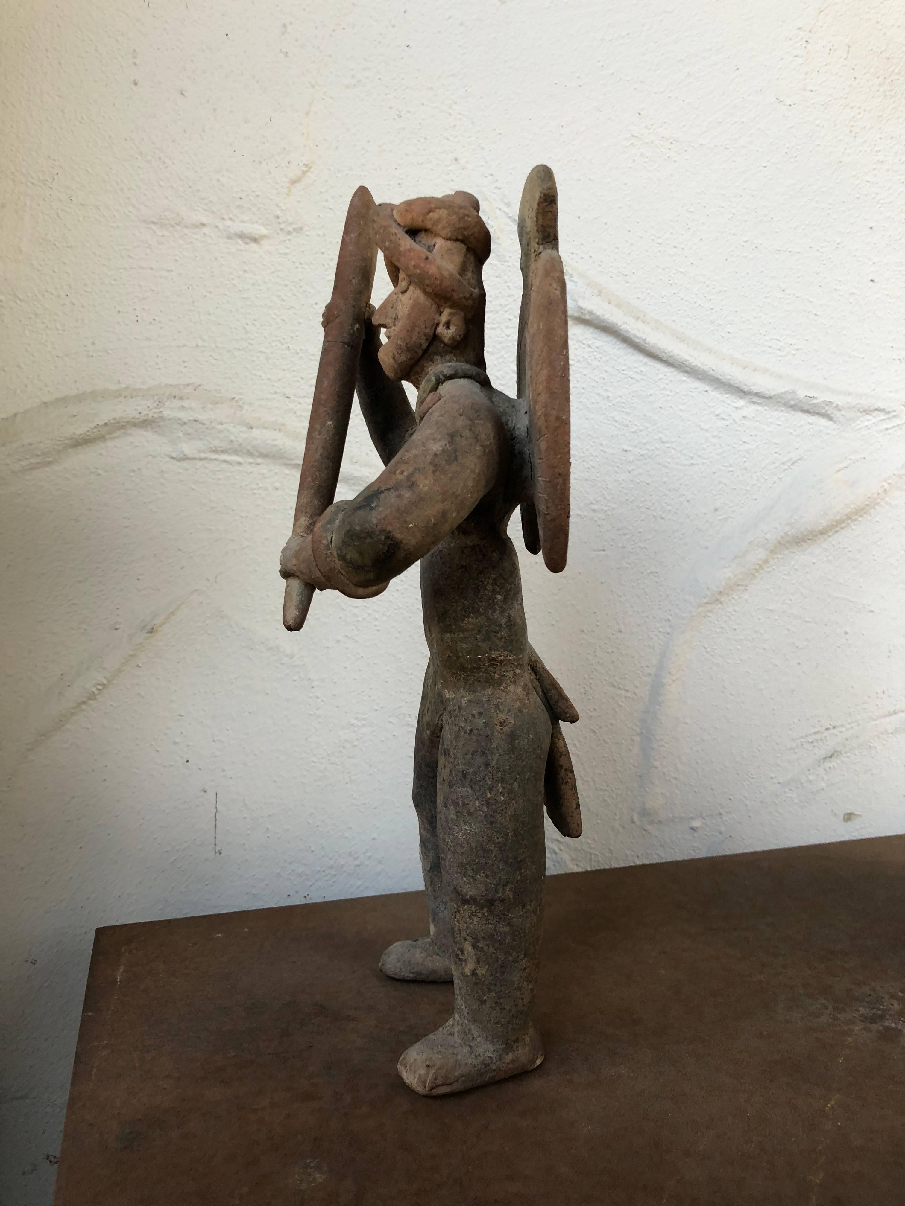 Mexican Ancient Large Colima Standing Ceramic Figure Holding Bat