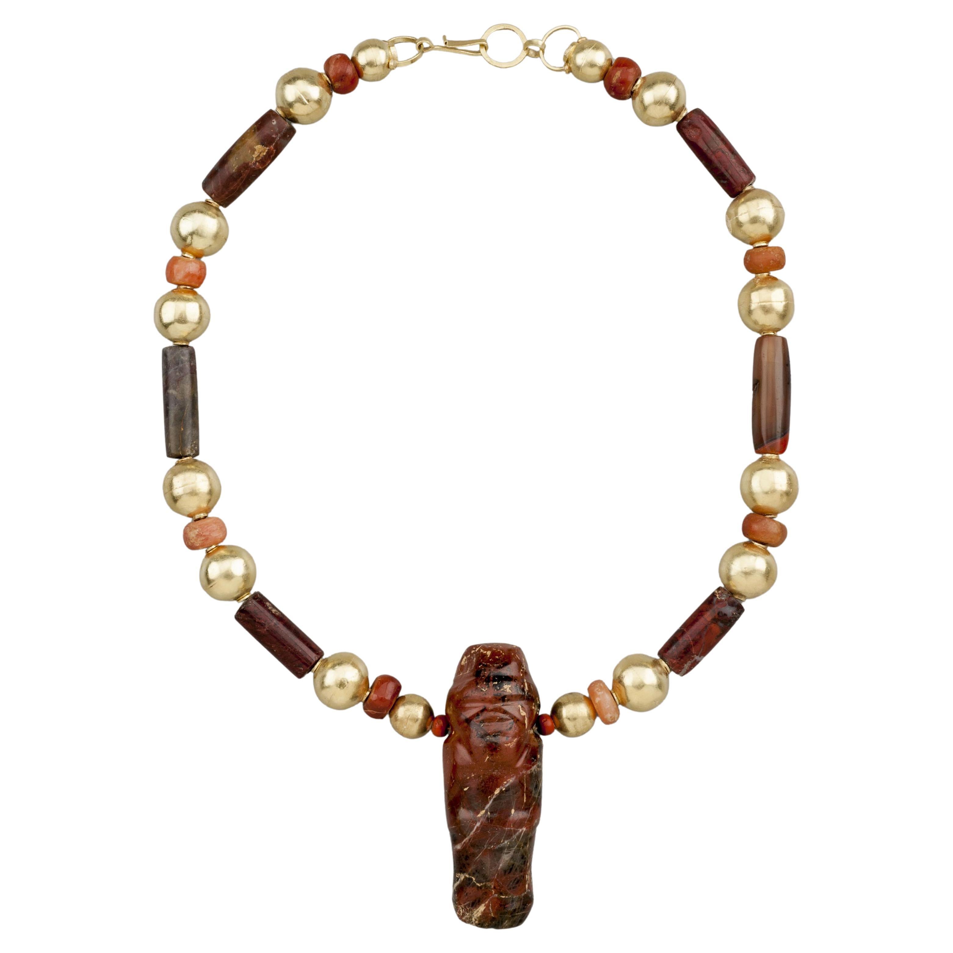 Ancient Large Tairona Red Jasper Effigy Pendant, Carnelian, 20k Gold Beads