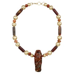 Ancient Large Tairona Red Jasper Effigy Pendant, Carnelian, 20k Gold Beads