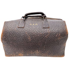 Vintage Ancient Leather Carrying Case Monogrammed "HAH" with Original Key, 1950s