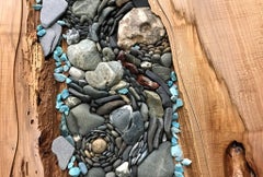 Ancient Live Edge Wooden Dining Table with Unique Rock and Crystal Detail