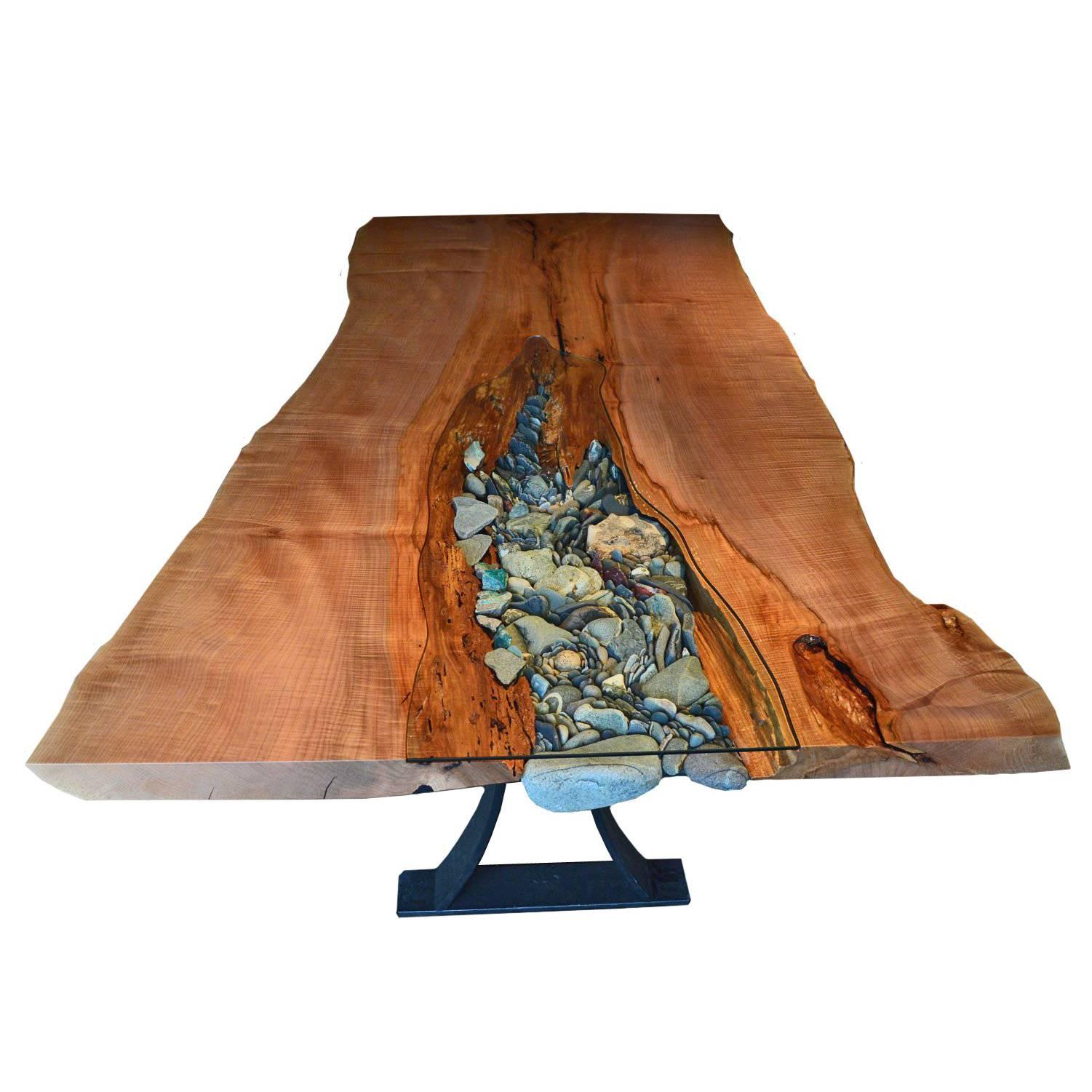 Ancient Live Edge Wooden Dining Table with Unique Rock and Crystal Detail For Sale