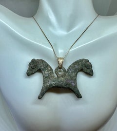 Ancient Luristan Bronze Horse Amulet Pendant 1000 BC 14 Karat Gold Enamel