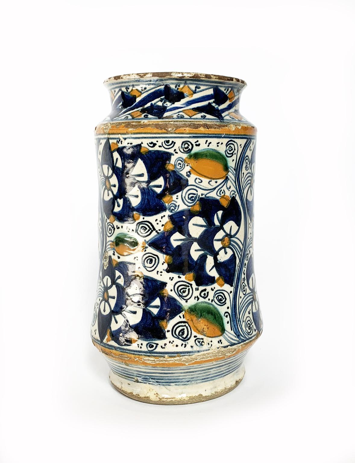 Renaissance Ancient Maiolia Drag Jar or Albarello, Montelupo, 1490-1510