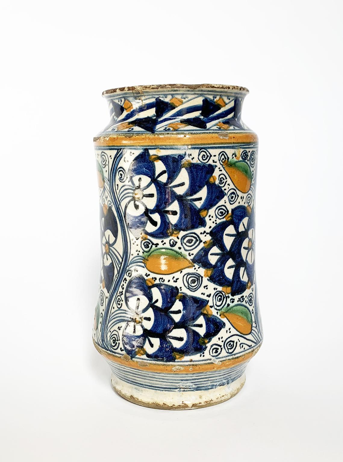 Italian Ancient Maiolia Drag Jar or Albarello, Montelupo, 1490-1510