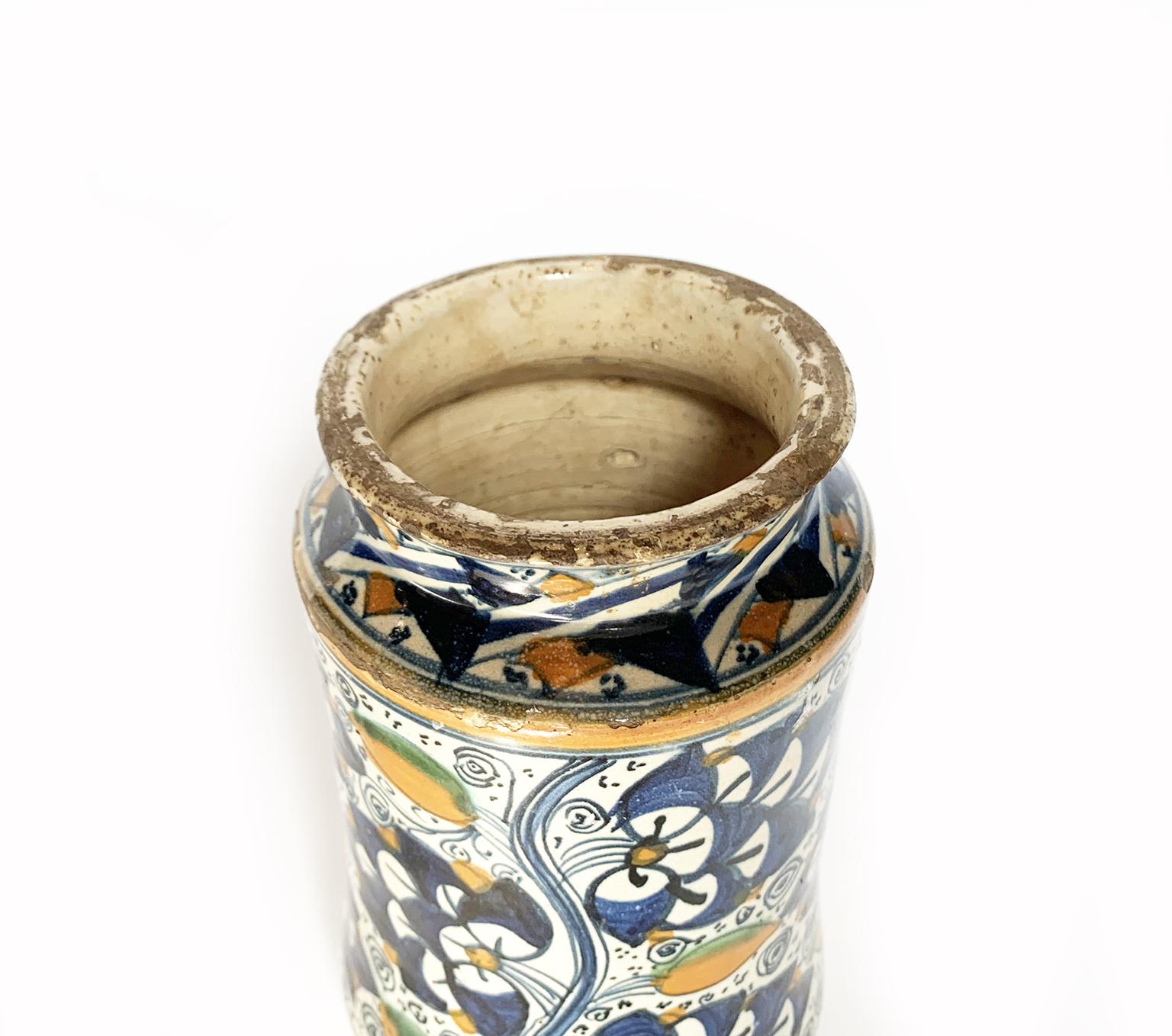 Earthenware Ancient Maiolia Drag Jar or Albarello, Montelupo, 1490-1510